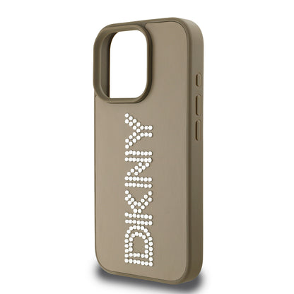 Apple iPhone 15 Pro Max Kılıf DKNY Orjinal Lisanslı Taşlı DKNY Yazılı Metalik Rhinestones PU Deri Kapak