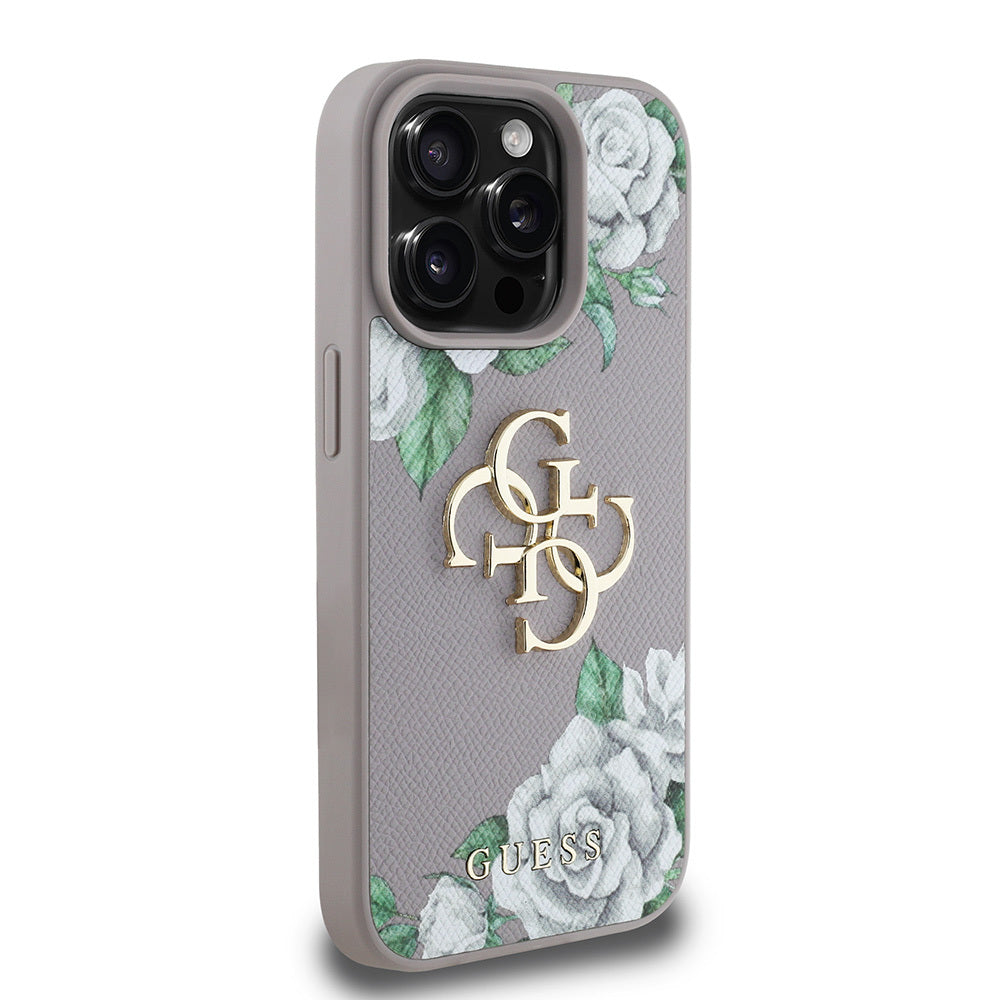 Apple iPhone 15 Pro Max Kılıf Guess Orjinal Lisanslı Gül Baskılı Büyük Metal Logo Dizaynlı Kapak