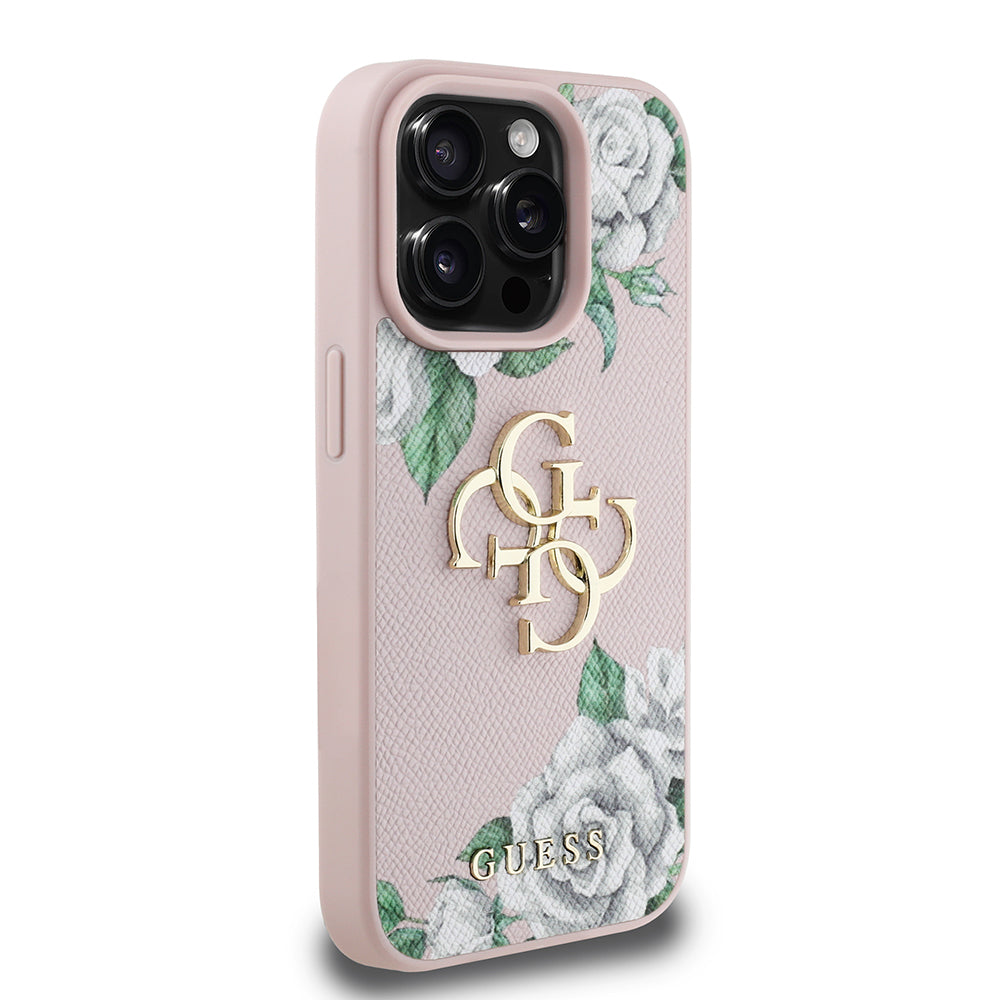 Apple iPhone 15 Pro Max Kılıf Guess Orjinal Lisanslı Gül Baskılı Büyük Metal Logo Dizaynlı Kapak