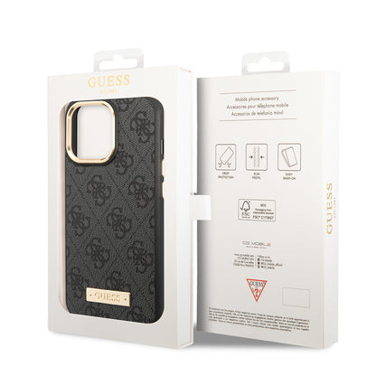 Apple iPhone 15 Pro Max Kılıf Guess Orjinal Lisanslı M-safe Şarj Özellikli 4G Desenli PU Metal Plaka Klasik Logolu Kapak