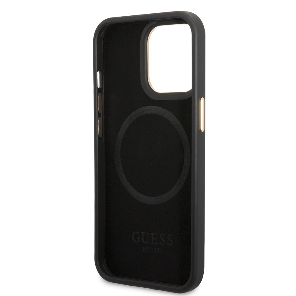 Apple iPhone 15 Pro Max Kılıf Guess Orjinal Lisanslı M-safe Şarj Özellikli 4G Desenli PU Metal Plaka Klasik Logolu Kapak