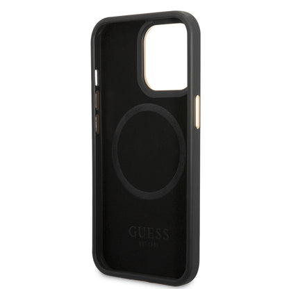 Apple iPhone 15 Pro Max Kılıf Guess Orjinal Lisanslı M-safe Şarj Özellikli 4G Desenli PU Metal Plaka Klasik Logolu Kapak