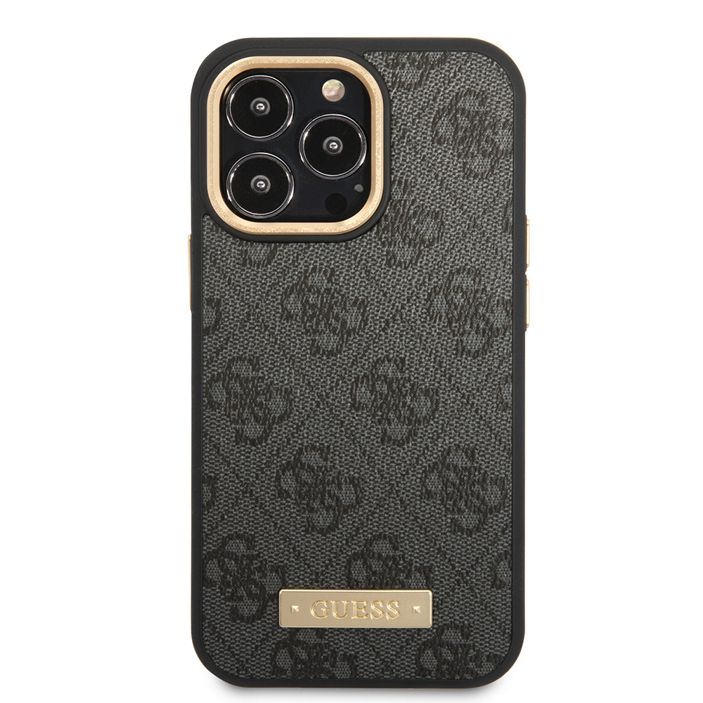 Apple iPhone 15 Pro Max Kılıf Guess Orjinal Lisanslı M-safe Şarj Özellikli 4G Desenli PU Metal Plaka Klasik Logolu Kapak