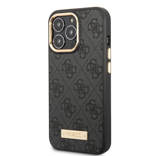 Apple iPhone 15 Pro Max Kılıf Guess Orjinal Lisanslı M-safe Şarj Özellikli 4G Desenli PU Metal Plaka Klasik Logolu Kapak