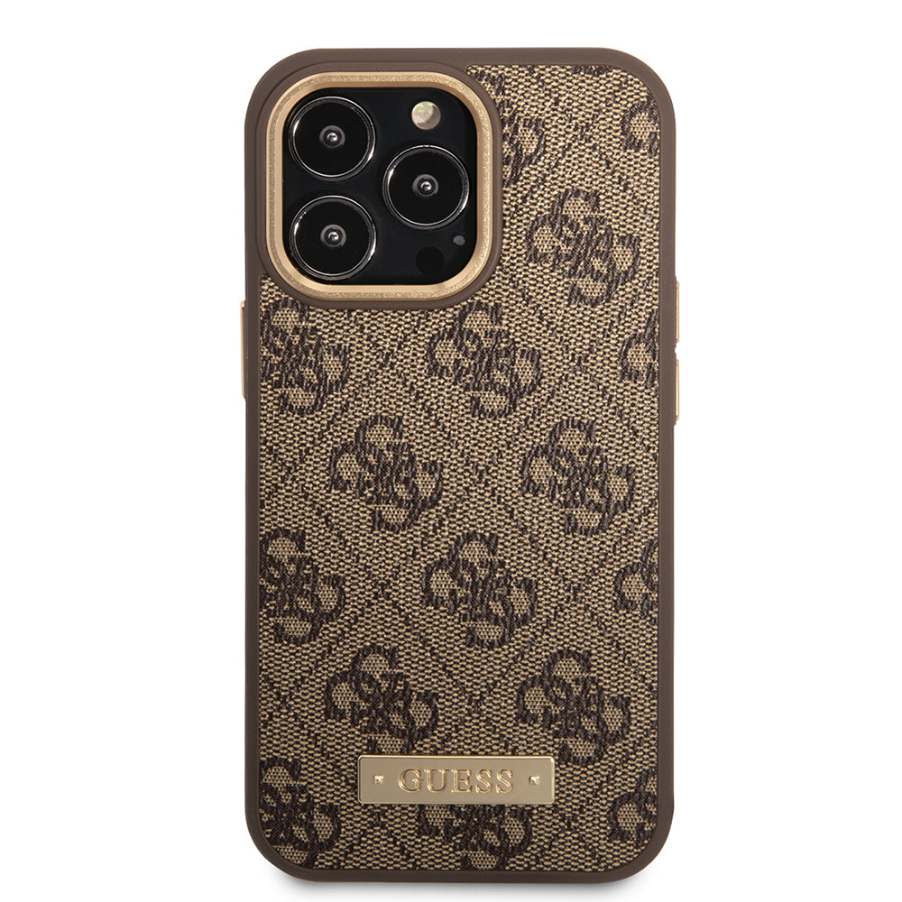 Apple iPhone 15 Pro Max Kılıf Guess Orjinal Lisanslı M-safe Şarj Özellikli 4G Desenli PU Metal Plaka Klasik Logolu Kapak