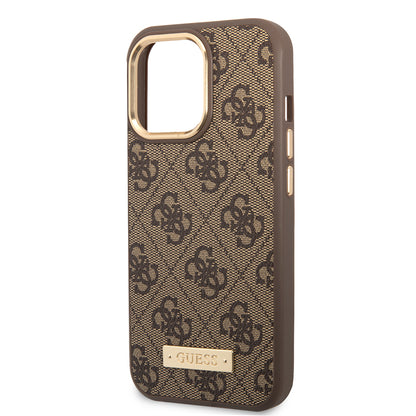 Apple iPhone 15 Pro Max Kılıf Guess Orjinal Lisanslı M-safe Şarj Özellikli 4G Desenli PU Metal Plaka Klasik Logolu Kapak