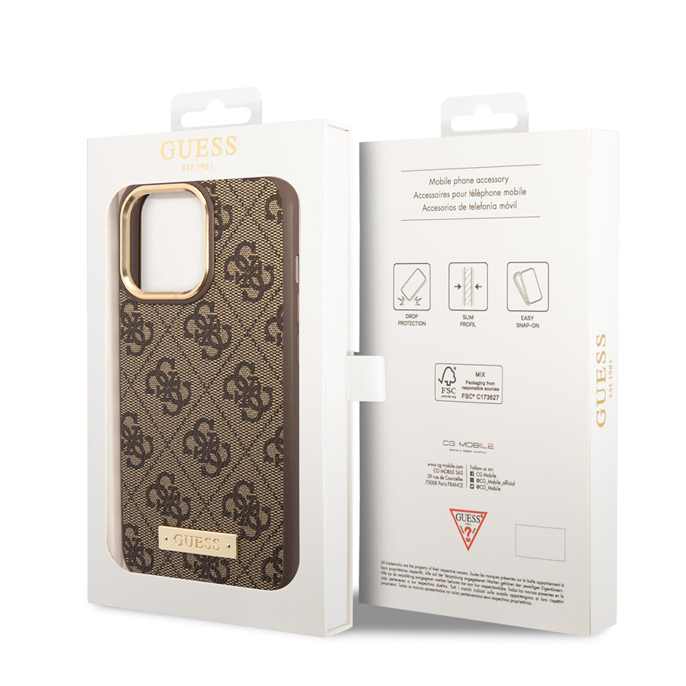Apple iPhone 15 Pro Max Kılıf Guess Orjinal Lisanslı M-safe Şarj Özellikli 4G Desenli PU Metal Plaka Klasik Logolu Kapak