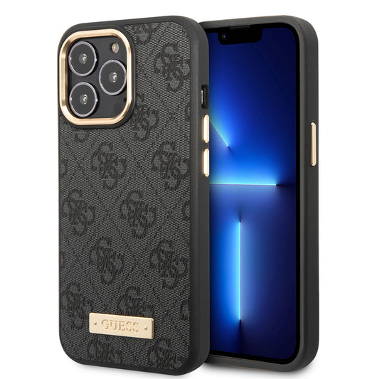 Apple iPhone 15 Pro Max Kılıf Guess Orjinal Lisanslı M-safe Şarj Özellikli 4G Desenli PU Metal Plaka Klasik Logolu Kapak