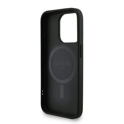 Apple iPhone 15 Pro Max Kılıf Guess Orjinal Lisanslı M-safe Şarj Özellikli PU Deri Bilek Askı İpli Yazı Logolu Kapak
