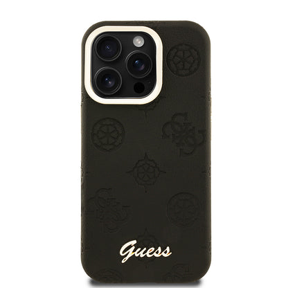 Apple iPhone 15 Pro Max Kılıf Guess Orjinal Lisanslı M-safe Şarj Özellikli Sıcak Baskılı Yazı Logolu Kamera Standlı PU Deri Peony Kapak