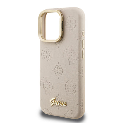 Apple iPhone 15 Pro Max Kılıf Guess Orjinal Lisanslı M-safe Şarj Özellikli Sıcak Baskılı Yazı Logolu Kamera Standlı PU Deri Peony Kapak