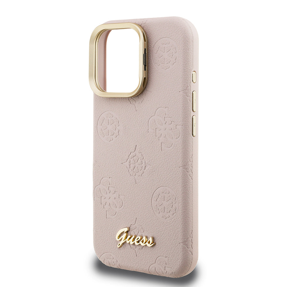 Apple iPhone 15 Pro Max Kılıf Guess Orjinal Lisanslı M-safe Şarj Özellikli Sıcak Baskılı Yazı Logolu Kamera Standlı PU Deri Peony Kapak