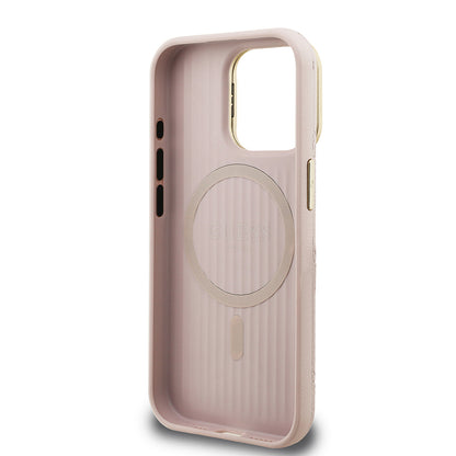 Apple iPhone 15 Pro Max Kılıf Guess Orjinal Lisanslı M-safe Şarj Özellikli Sıcak Baskılı Yazı Logolu Kamera Standlı PU Deri Peony Kapak