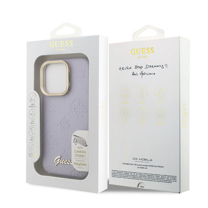Apple iPhone 15 Pro Max Kılıf Guess Orjinal Lisanslı M-safe Şarj Özellikli Sıcak Baskılı Yazı Logolu Kamera Standlı PU Deri Peony Kapak