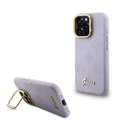 Apple iPhone 15 Pro Max Kılıf Guess Orjinal Lisanslı M-safe Şarj Özellikli Sıcak Baskılı Yazı Logolu Kamera Standlı PU Deri Peony Kapak