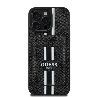 Apple iPhone 15 Pro Max Kılıf Guess Orjinal Lisanslı M-safe Şarj Özellikli 4G Desenli Çizgili Kartlıklı Kapak