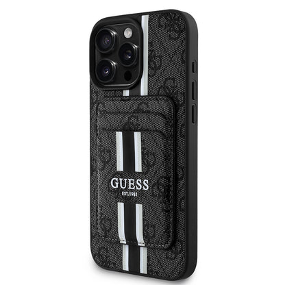 Apple iPhone 15 Pro Max Kılıf Guess Orjinal Lisanslı M-safe Şarj Özellikli 4G Desenli Çizgili Kartlıklı Kapak