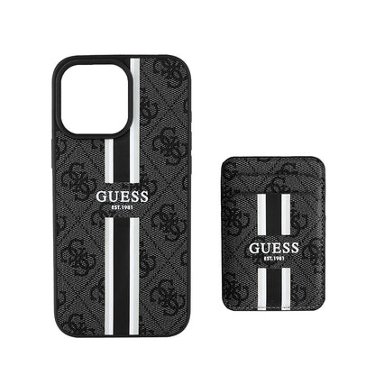 Apple iPhone 15 Pro Max Kılıf Guess Orjinal Lisanslı M-safe Şarj Özellikli 4G Desenli Çizgili Kartlıklı Kapak