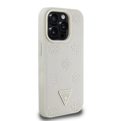 Apple iPhone 15 Pro Max Kılıf Guess Orjinal Lisanslı M-safe Şarj Özellikli Sıcak Baskılı Üçgen Logolu PU Deri Peony Kapak
