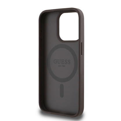 Apple iPhone 15 Pro Max Kılıf Guess Orjinal Lisanslı M-safe Şarj Özellikli Sıcak Baskılı Üçgen Logolu PU Deri Peony Kapak