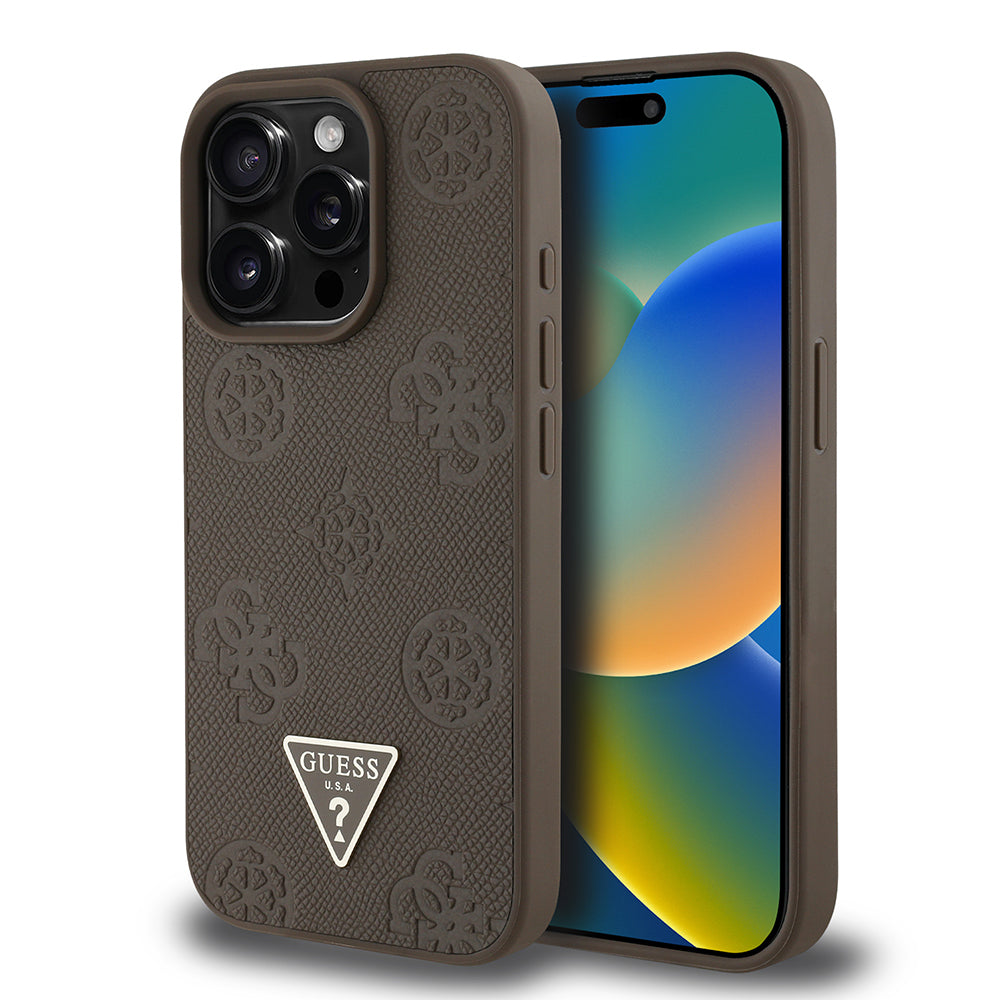 Apple iPhone 15 Pro Max Kılıf Guess Orjinal Lisanslı M-safe Şarj Özellikli Sıcak Baskılı Üçgen Logolu PU Deri Peony Kapak