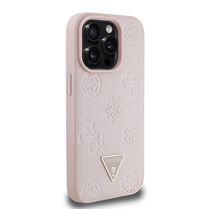 Apple iPhone 15 Pro Max Kılıf Guess Orjinal Lisanslı M-safe Şarj Özellikli Sıcak Baskılı Üçgen Logolu PU Deri Peony Kapak