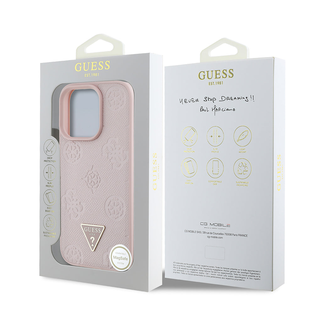 Apple iPhone 15 Pro Max Kılıf Guess Orjinal Lisanslı M-safe Şarj Özellikli Sıcak Baskılı Üçgen Logolu PU Deri Peony Kapak