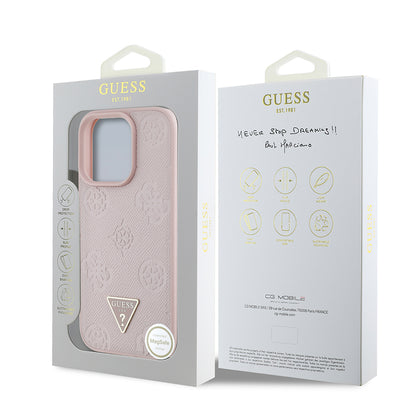 Apple iPhone 15 Pro Max Kılıf Guess Orjinal Lisanslı M-safe Şarj Özellikli Sıcak Baskılı Üçgen Logolu PU Deri Peony Kapak