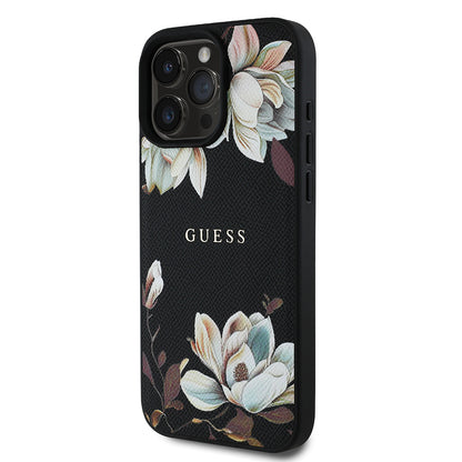 Apple iPhone 15 Pro Max Kılıf Guess Orjinal Lisanslı M-safe Şarj Özellikli Taneli Çiçek Tasarımlı Metal Yazı Logolu Kapak