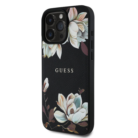 Apple iPhone 15 Pro Max Kılıf Guess Orjinal Lisanslı M-safe Şarj Özellikli Taneli Çiçek Tasarımlı Metal Yazı Logolu Kapak