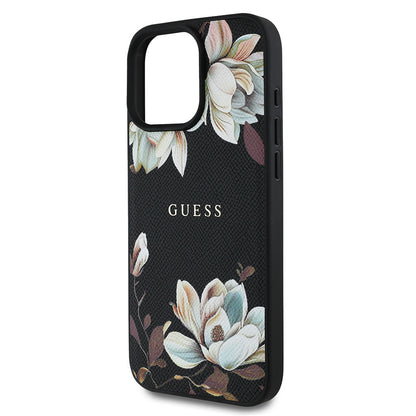 Apple iPhone 15 Pro Max Kılıf Guess Orjinal Lisanslı M-safe Şarj Özellikli Taneli Çiçek Tasarımlı Metal Yazı Logolu Kapak