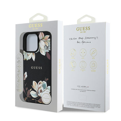 Apple iPhone 15 Pro Max Kılıf Guess Orjinal Lisanslı M-safe Şarj Özellikli Taneli Çiçek Tasarımlı Metal Yazı Logolu Kapak