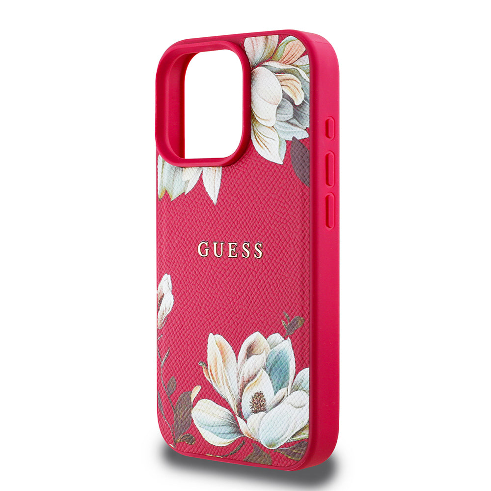 Apple iPhone 15 Pro Max Kılıf Guess Orjinal Lisanslı M-safe Şarj Özellikli Taneli Çiçek Tasarımlı Metal Yazı Logolu Kapak