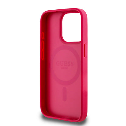 Apple iPhone 15 Pro Max Kılıf Guess Orjinal Lisanslı M-safe Şarj Özellikli Taneli Çiçek Tasarımlı Metal Yazı Logolu Kapak