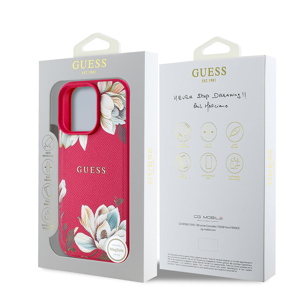 Apple iPhone 15 Pro Max Kılıf Guess Orjinal Lisanslı M-safe Şarj Özellikli Taneli Çiçek Tasarımlı Metal Yazı Logolu Kapak