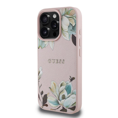 Apple iPhone 15 Pro Max Kılıf Guess Orjinal Lisanslı M-safe Şarj Özellikli Taneli Çiçek Tasarımlı Metal Yazı Logolu Kapak