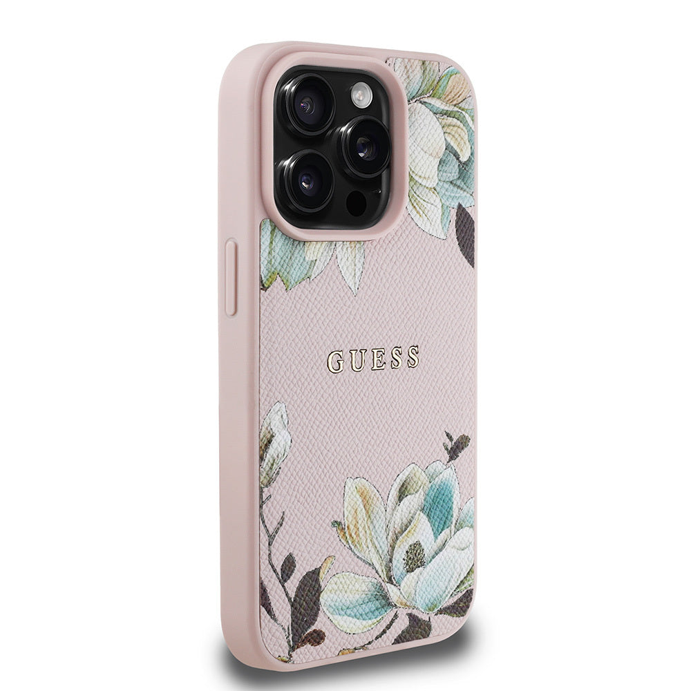 Apple iPhone 15 Pro Max Kılıf Guess Orjinal Lisanslı M-safe Şarj Özellikli Taneli Çiçek Tasarımlı Metal Yazı Logolu Kapak