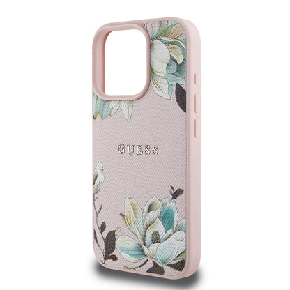Apple iPhone 15 Pro Max Kılıf Guess Orjinal Lisanslı M-safe Şarj Özellikli Taneli Çiçek Tasarımlı Metal Yazı Logolu Kapak