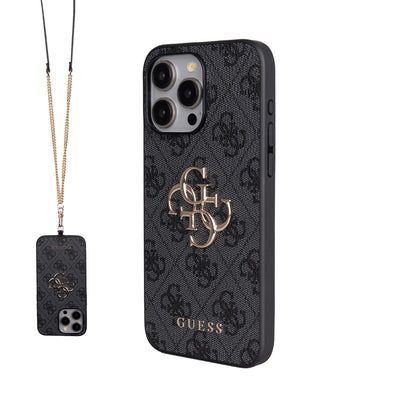 Apple iPhone 15 Pro Max Kılıf Guess Orjinal Lisanslı PU Deri 4G Büyük Metal Logolu Çapraz Vücut Askılı Kapak