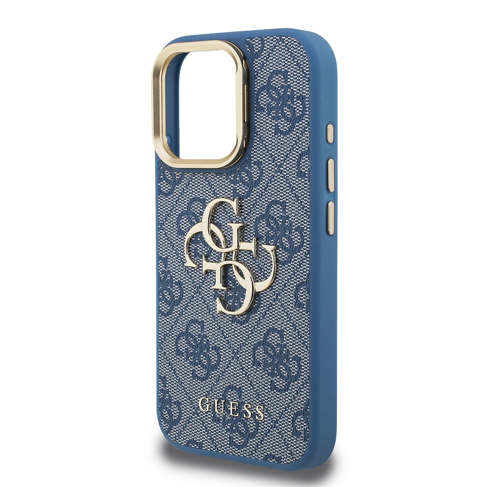Apple iPhone 15 Pro Max Kılıf Guess Orjinal Lisanslı PU Deri 4G Desenli Metal Büyük 4G ve Yazı Logolu Kamera Standlı Kapak