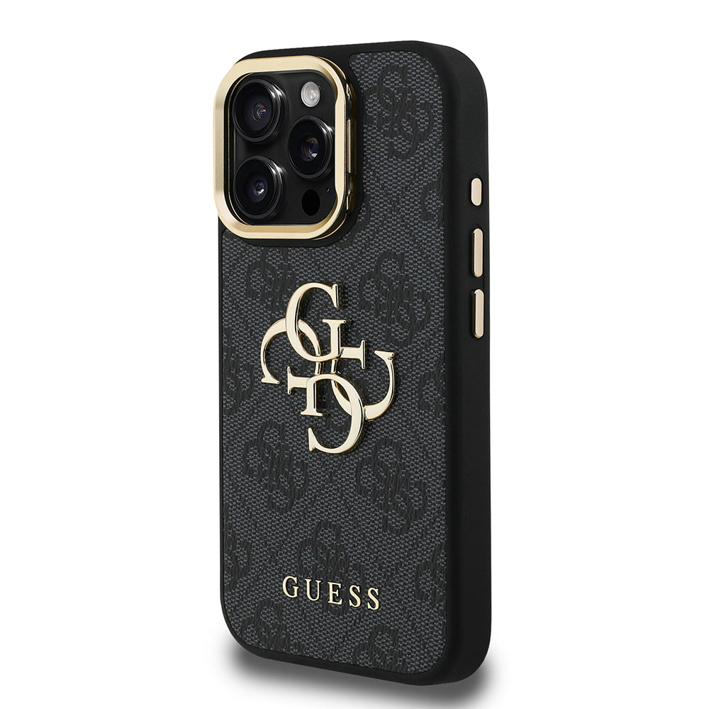 Apple iPhone 15 Pro Max Kılıf Guess Orjinal Lisanslı PU Deri 4G Desenli Metal Büyük 4G ve Yazı Logolu Kamera Standlı Kapak