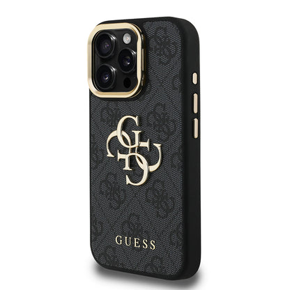 Apple iPhone 15 Pro Max Kılıf Guess Orjinal Lisanslı PU Deri 4G Desenli Metal Büyük 4G ve Yazı Logolu Kamera Standlı Kapak