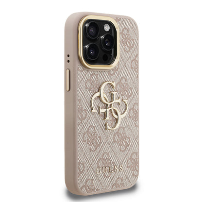 Apple iPhone 15 Pro Max Kılıf Guess Orjinal Lisanslı PU Deri 4G Desenli Metal Büyük 4G ve Yazı Logolu Kamera Standlı Kapak