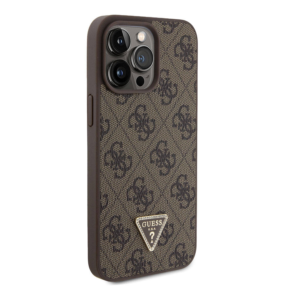 Apple iPhone 15 Pro Max Kılıf Guess Orjinal Lisanslı PU Deri Askılı Taşlı Üçgen Logo 4G Desenli Strass Crossbody Kapak