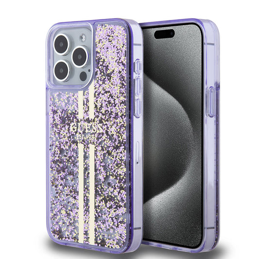 Apple iPhone 15 Pro Max Kılıf Guess Orjinal Lisanslı Transparan Sıvılı Simli Altın Çizgili Kapak
