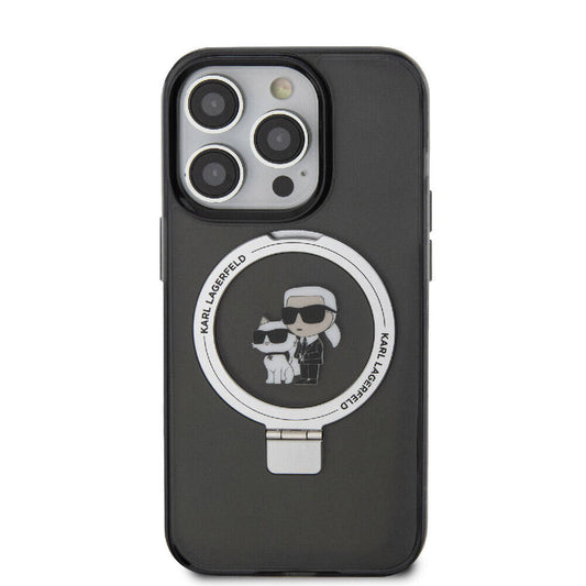 Apple iPhone 15 Pro Max Kılıf Karl Lagerfeld Orjinal Lisanslı M-safe Şarj Özellikli K&C İkonik Baskılı Ring Standlı Kapak