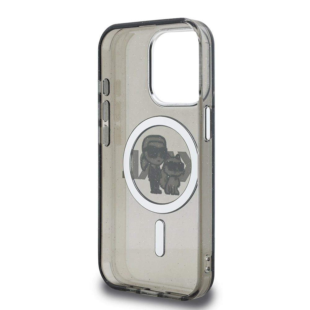 Apple iPhone 15 Pro Max Kılıf Karl Lagerfeld Orjinal Lisanslı Parlayan Simli Karl & Choupette Sketch Logo Kapak