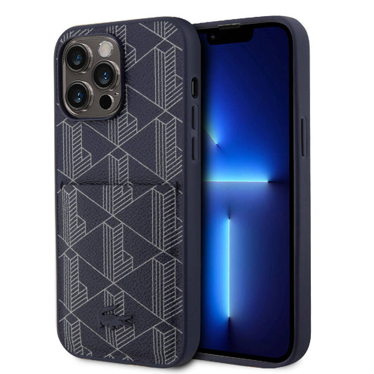 Apple iPhone 15 Pro Max Kılıf Lacoste Orjinal Lisanslı M-safe Şarj Özellikli PU Deri Görünümlü Kartlıklı Karışık Monogram Desenli Kapak