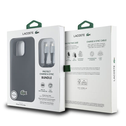 Apple iPhone 15 Pro Max Kılıf Lacoste Orjinal Lisanslı PU Pike Desenli Arka Yüzey İkonik Timsah Dokuma Logolu Kapak + Type-C Kablo 1.5m