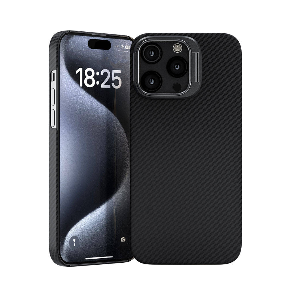 Apple iPhone 15 Pro Max Kılıf M-safe Şarj Özellikli 600D Zore Krek Karbon Standlı Kapak